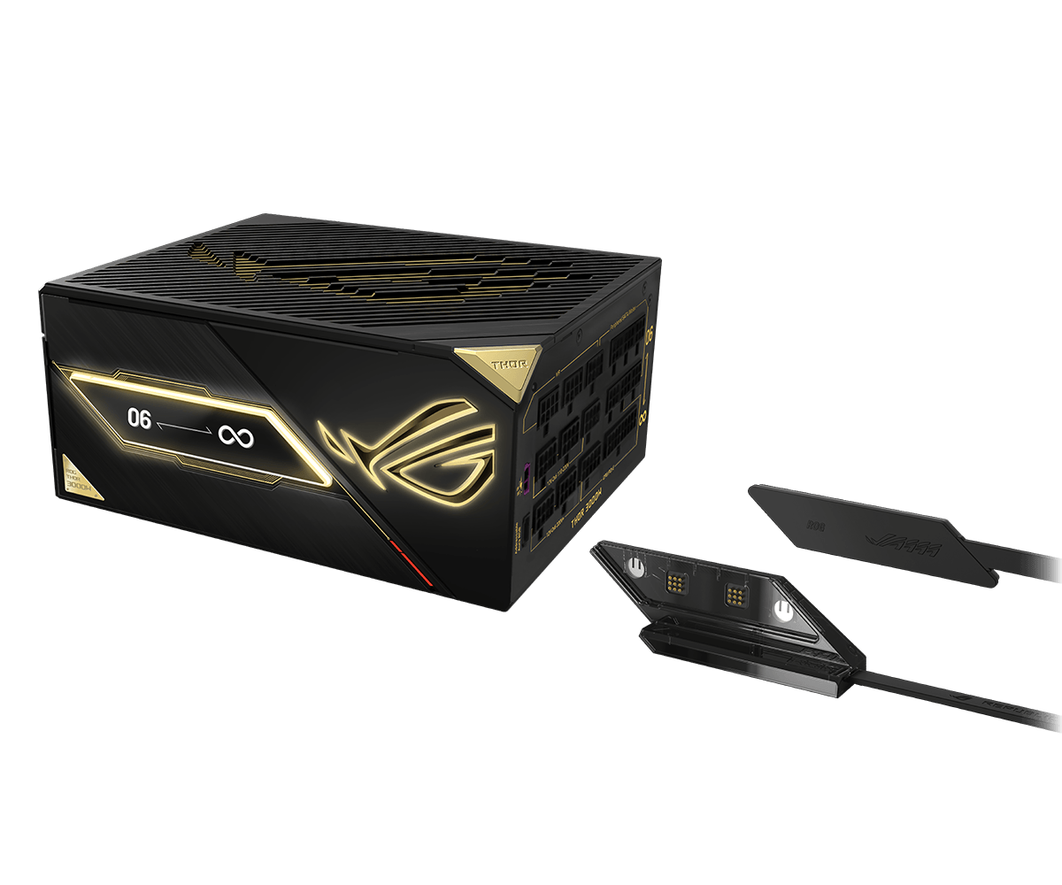 Side view or the ROG Thor 3000W Titanium III Edition 20  with OLED extender
